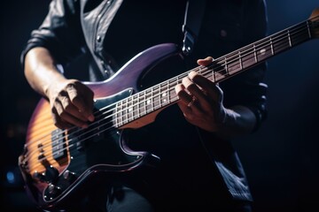 A person playing a bass guitar in a dark room. This image can be used to depict musicians, music practice, or a band rehearsal.