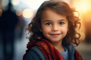 A picture of a little girl with curly hair wearing a scarf. This versatile image can be used to depict various themes such as childhood, fashion, winter, and diversity.