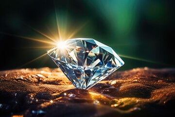 A close up view of a sparkling diamond resting on top of a rough rock. This image can be used to depict precious gemstones, luxury, beauty, or the contrast between the natural and the refined. - 680450971