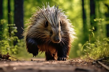 A porcupine is walking down a path in the woods. This image can be used to depict wildlife, nature, forest animals, or animal behavior in their natural habitat.