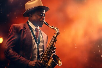 A professional musician dressed in a suit and hat playing a saxophone. This image can be used to depict jazz music, live performances, or musical talent. - obrazy, fototapety, plakaty