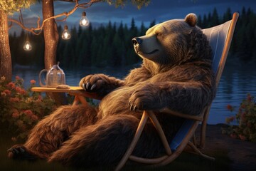 A brown bear sitting in a chair next to a serene lake. This image can be used to depict relaxation and nature.