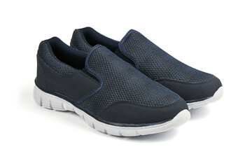 Pair of black fashionable stylish sports casual shoes isolated on white background