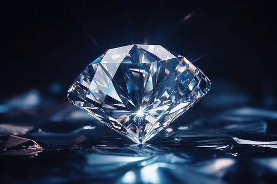 A close-up view of a sparkling diamond on a table. This image can be used for jewelry advertisements or articles about diamonds.
