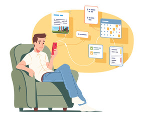 Man using calendar, messenger, social media applications on mobile cell phone. Person sitting on armchair texting messages in chat apps on smartphone. Communication concept flat vector illustration