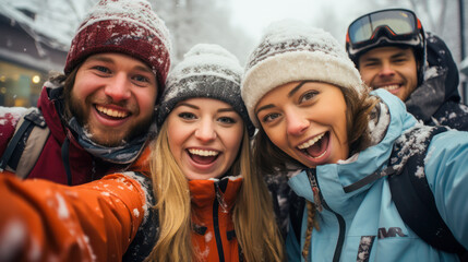 Cheerful group of two women and two men enjoying a ski vacation, capturing fun moments in mountain snow.