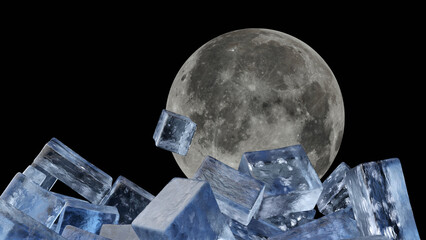 Ice cubes are dropping to a glass with full moon in background (3D Rendering)