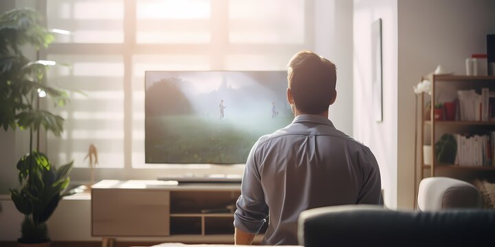 Rear view of a man watching a movie on a television at home - generative ai