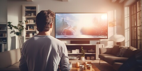 Rear view of young man watching TV while sitting on couch at home - generative ai - Powered by Adobe