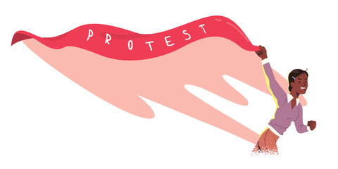 Angry feminist or BLM protester woman holding flag on demonstration. Female activist person character protesting against rights violation. Feminism protest movement, activism flat vector illustration