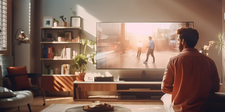 Rear view of young man watching tv in living room at home - generative ai