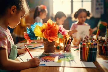 A group of children sitting at a table, engaged in drawing activities. This image can be used to depict creativity, education, and teamwork. - obrazy, fototapety, plakaty