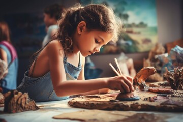 A little girl is seen painting on a piece of wood. This versatile image can be used for various creative projects.