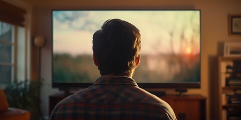 Rear view of man watching movie on tv at home in the evening - generative ai - obrazy, fototapety, plakaty