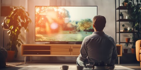 Rear view of a man sitting on the floor in front of a TV - generative ai