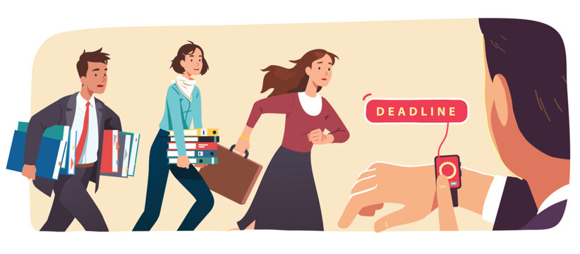 Busy business man, women work in rush to finish project in time. Boss person check watch counting down time to deadline. Team run carrying documents. Deadline stress concept flat vector illustration