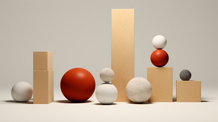 geometric decorative objects in burnt orange, sandstone white and wood using stacked stones to convey proportion and scale