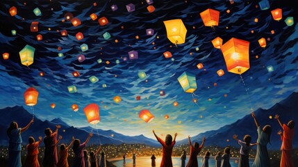 A group of people release sky lanterns, New Year's Eve, illustration