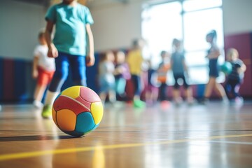 A group of children playing with a ball in a gym. Suitable for sports and recreational activities