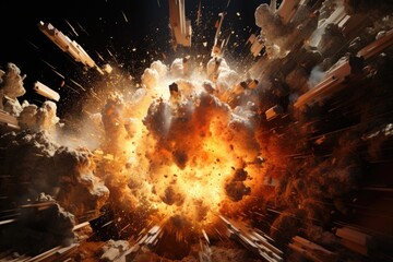 A powerful explosion releasing clouds of orange and white smoke. Perfect for illustrating intense action or dramatic events