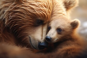 A close-up view of one bear resting its head on another bear. This image can be used to depict companionship, friendship, or a peaceful moment in nature