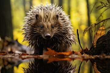 A porcupine standing in the water and looking directly at the camera. This image can be used to illustrate wildlife, nature, or animal behavior
