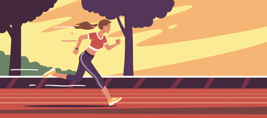 Runner woman person running fast on stadium race track. Professional athlete sprint training in competitive sport outdoors. Competition, athletic training, healthy lifestyle flat vector illustration