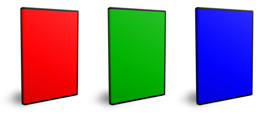 DVD box blank template  red,  green and blue (RGB) for presentation layouts and design. 3D rendering.