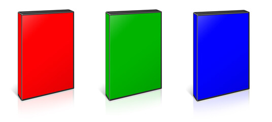 DVD box blank template  red,  green and blue (RGB) for presentation layouts and design. 3D rendering.