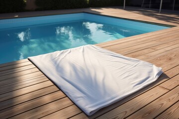 Empty Wooden Deck With Swimming Pool, Setting Serene Atmosphere White Bedding Sheets And Pillow Background. Сoncept Zen Garden, Elegant Balcony, Summer Retreat, Relaxation Haven, Outdoor Oasis