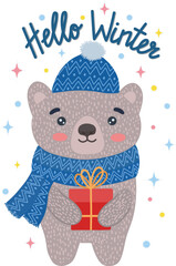 A cute bear in a hat and scarf is standing under the snow with a cup of coffee. Christmas design. Vector illustration. The inscription with congratulations.