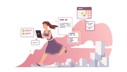 Woman using calendar, event schedule, social media applications on tablet computer on the go. Person messaging, checking app reminders in city. Communication, planning concept flat vector illustration