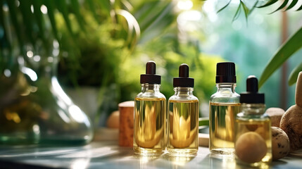 Serum in glass bottle on natural background. Aromatherapy oil, concept of natural cosmetic