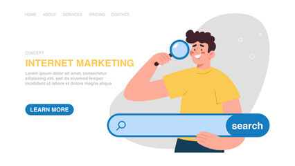 Web banner, infographic, web page with man holds search string. Openness to new knowledge or opportunities, search for necessary information for work, search engine optimization, internet marketing.