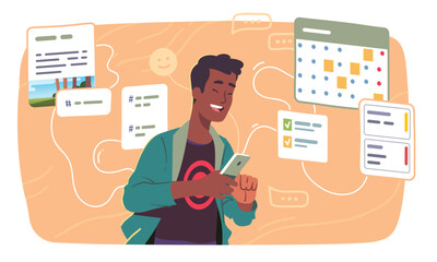 Man using calendar, messenger, social media applications on mobile cell phone. Smiling person texting messages in chat apps on smartphone. Communication technology concept flat vector illustration