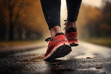 Legs And Shoes Of Runner In Rainy Autumn Weather