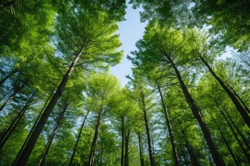 Fototapeta premium Looking Up At Green Tree Tops In Italy. Сoncept Italian Cuisine, Famous Landmarks Of Italy, Traditional Italian Art And Architecture, Beautiful Coastal Views