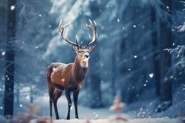 Majestic Deer In Snowy Forest, Artistic Christmas Scene