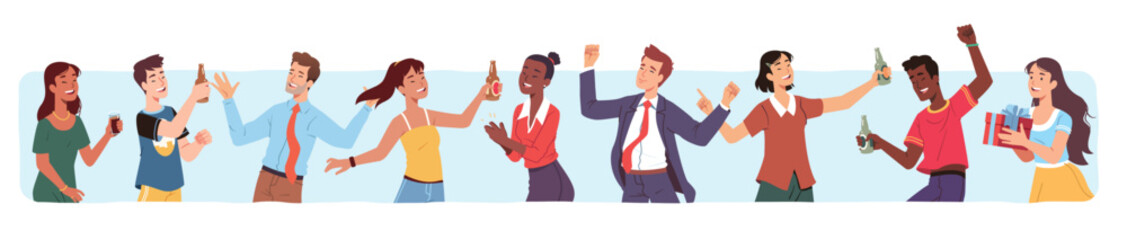 Cheerful men, women dancing, drinking alcohol drinks having party. Joyful excited friend person characters celebrating holiday event. Celebration fun pattern background flat vector illustration