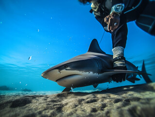 A reef shark attacks a diver in the Red Sea.  - obrazy, fototapety, plakaty