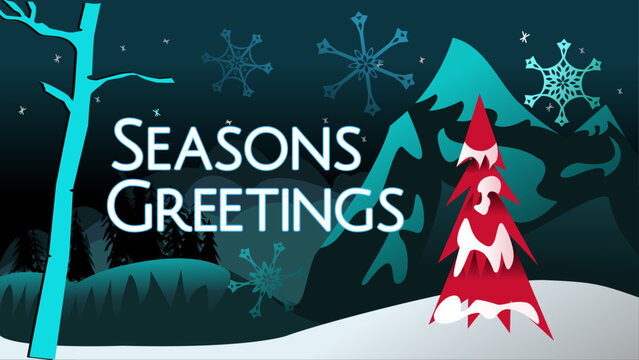 A serene stylized winter landscape featuring the words "Seasons Greetings" in "Julius Sans One" font, a red pine tree with snow, snowflakes, a small forest, mountains, clouds, stars and tree trunk.
