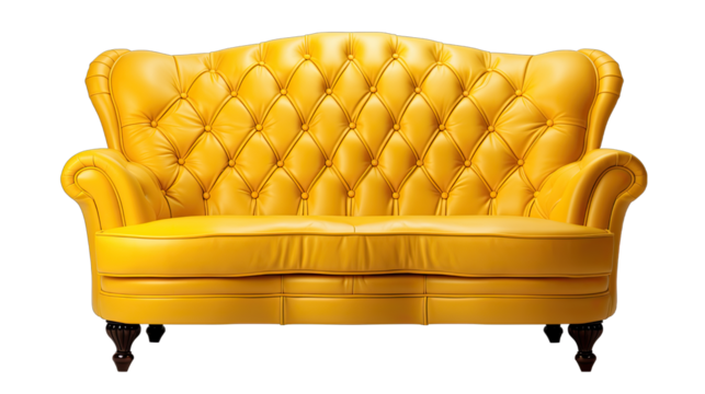 Yellow Retro Couch Isolated on Transparent or White Background, PNG