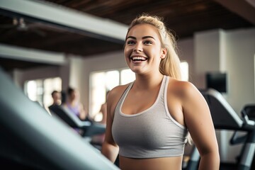 Fototapeta na wymiar Overweight Woman Smiling While Training On Treadmill