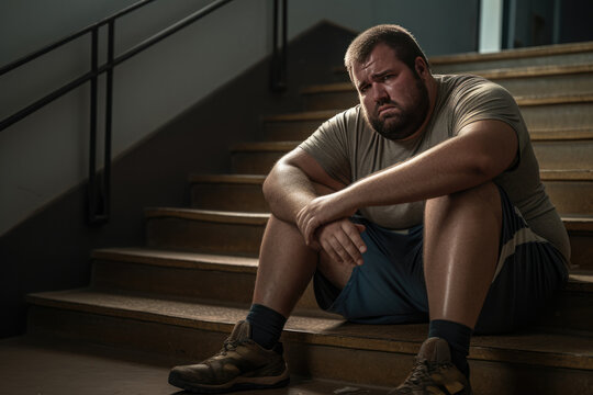 Sad Obese Man Sitting On Stairs After Exercise