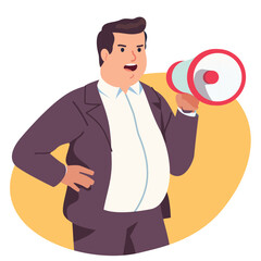 Marketing manager business man giving promotion speech shouting into megaphone. Protester person protesting on demonstration or rally. Protest or advertisement announcement flat vector illustration