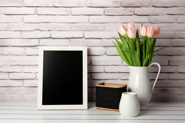 Tulip vase and chest near empty black white