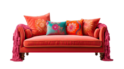 Coral Bohemian Couch Isolated on Transparent or White Background, PNG