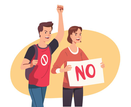 Angry protesters man, woman holding no sign placard, shaking fist on demonstration or rally. Activists persons protesting against rights violation. Protest activism, democracy flat vector illustration