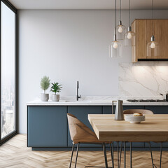 Mockup of a modern open-plan kitchen, wooden table and hanging lamps.