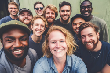 Selfie of smiling blonde woman in close-up next to her fellow workers. Concept of working women's rights and salary equalization. Generative AI - obrazy, fototapety, plakaty